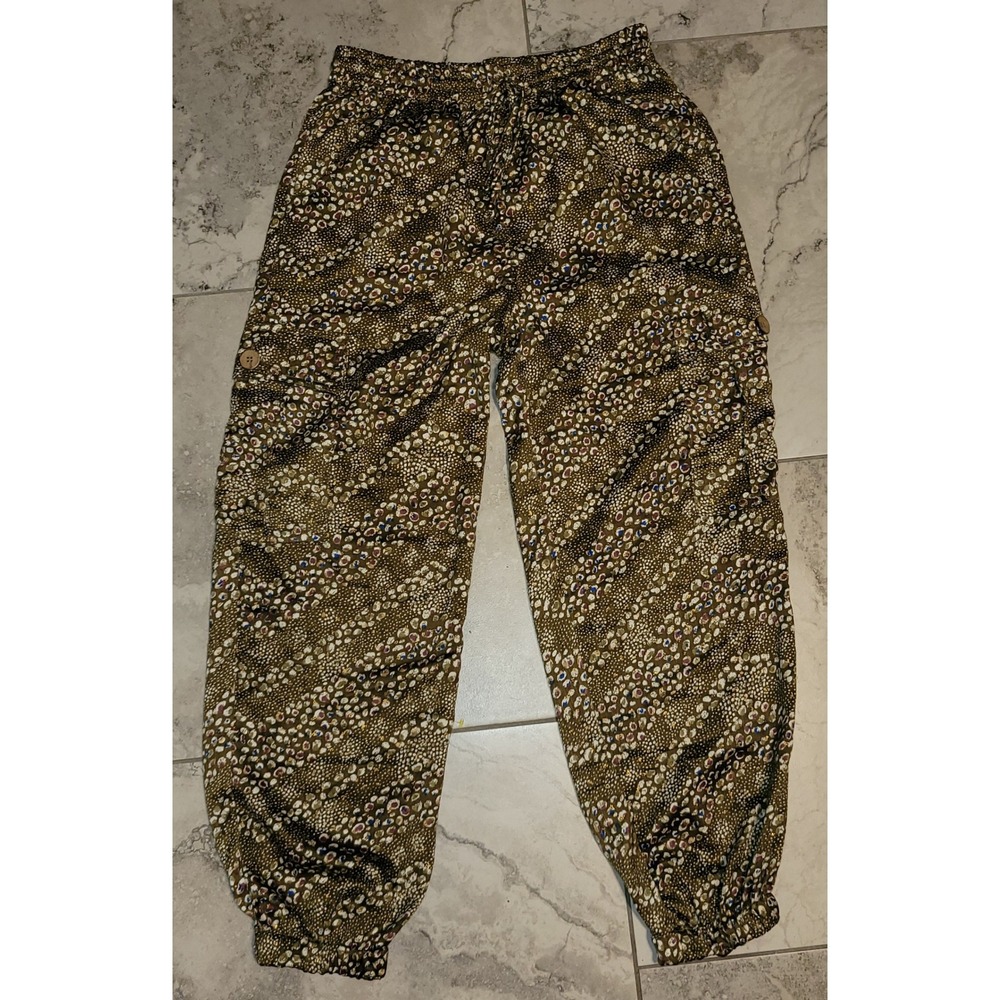 Angie Womens Olive Green Abstract Dot Cargo Jogger Pants Metallic Gold Large New